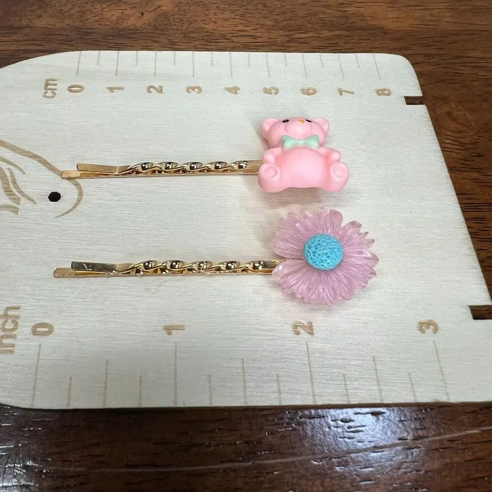 Hair pins fashion bear flower ribbon hair pin 4PC set Pink anime LA Comic Con